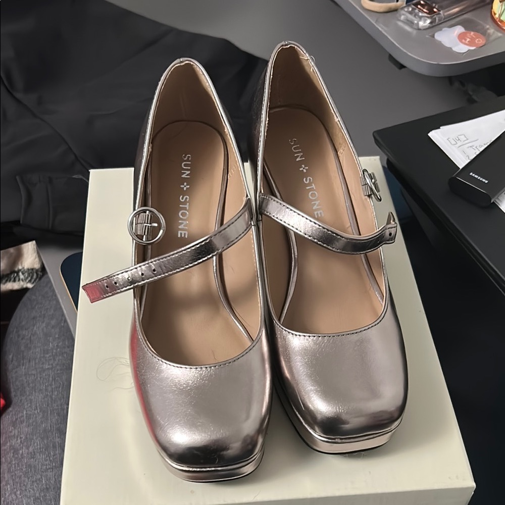 Sun + Stone Metallic Silver Heels